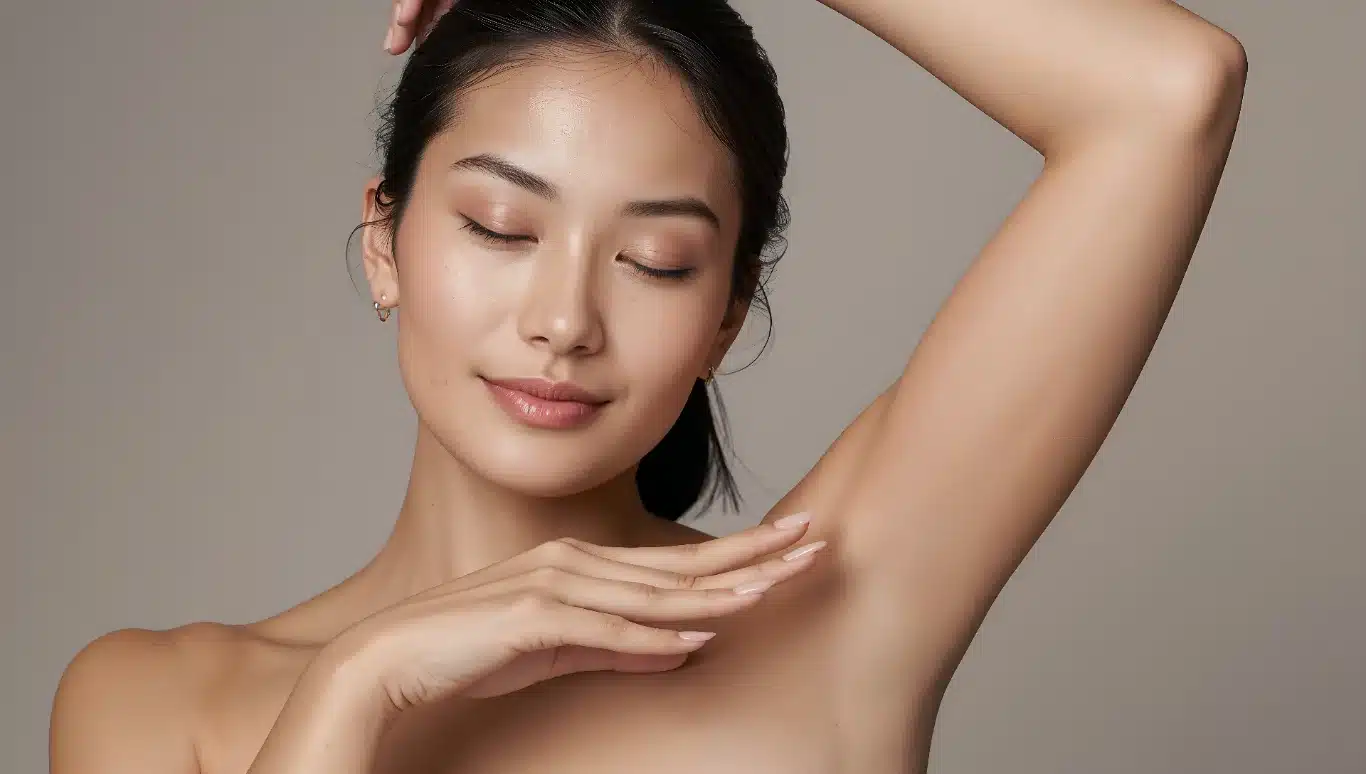 woman with raised arm showing smooth toned underarm representing arm lift results
